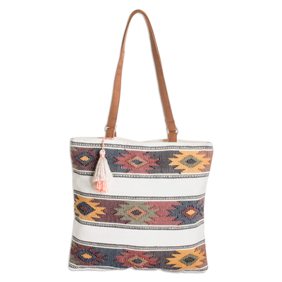 Hand-Woven Cotton Shoulder Bag with Tassels and Suede Straps