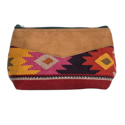 Hand-Woven Multicolored Suede Trimmed Cotton Cosmetic Bag