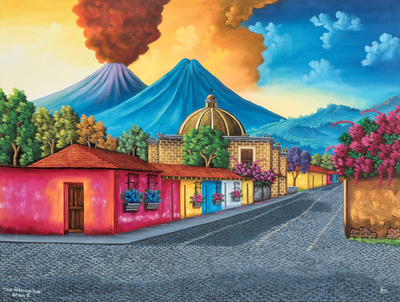 Signed Stretched Oil Painting of Guatemalan Street