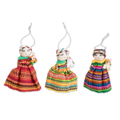 Set of 3 Handcrafted Cotton Worry Doll Ornaments