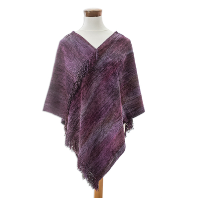 Cotton Blend Poncho in Purple Hues Handwoven in Guatemala