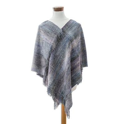 Handwoven Cotton Blend Poncho in Grey and Blue Hues