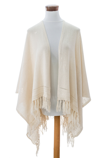Ivory Cotton Ruana with Fringes Handloomed in Guatemala