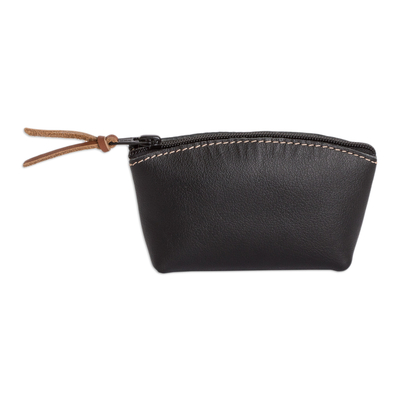 Handcrafted Black Leather Coin Purse with Zipper Closure