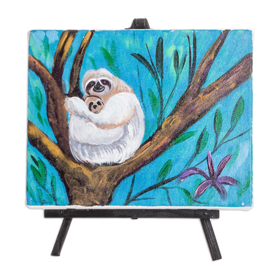 Signed Impressionist Oil Painting of Sloth with Wood Easel