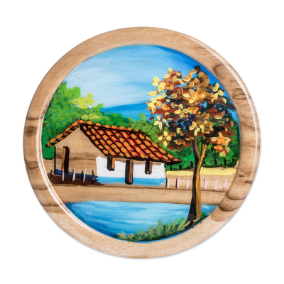 Handcrafted Cedar Wood Decorative Plate with Classic Scene