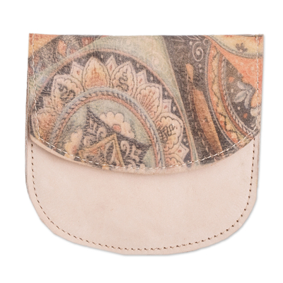 Handcrafted Printed Mandala Leather Coin Purse in Beige