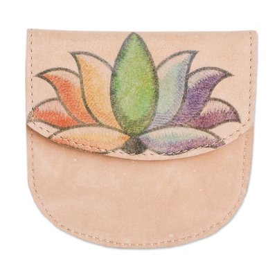 Handcrafted Printed Lotus Leather Coin Purse from Costa Rica