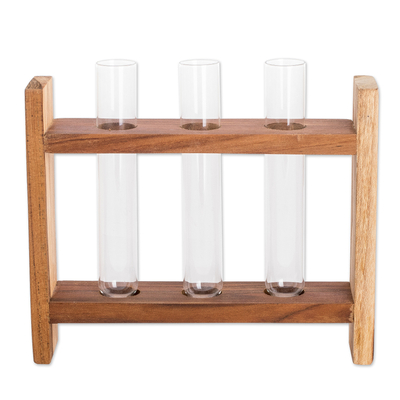 Teak Wood Stand with Glass Tube Vases from Guatemala