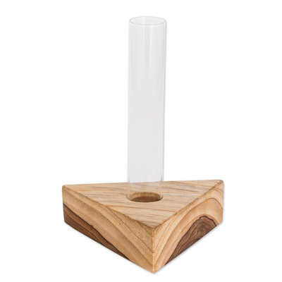 Glass Tube Vase with Teak Wood Stand Made in Guatemala