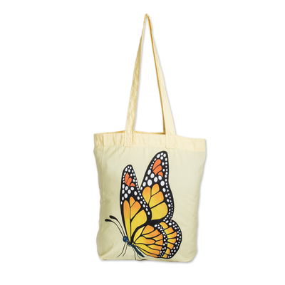 Hand-Painted Butterfly-Themed Polyester Tote Bag in Yellow