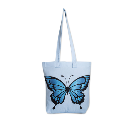 Hand-Painted Butterfly-Themed Polyester Tote Bag in Blue