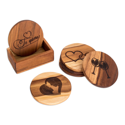 4 Love-Themed Teak Wood Coasters with Stand from Guatemala