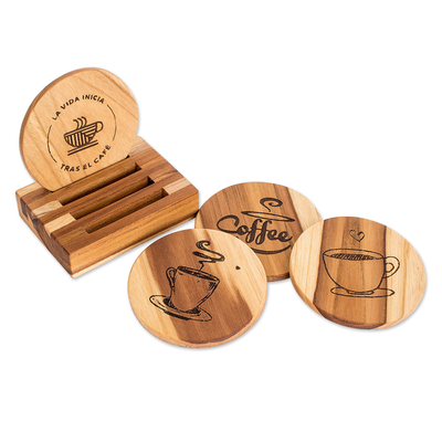 4 Coffee-Themed Teak Wood Coasters with Stand from Guatemala