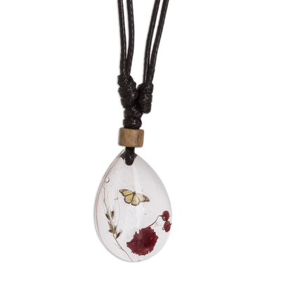 Resin Pendant Necklace with Butterfly and Floral Motifs