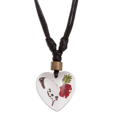 Heart-Shaped Resin Flower and Butterfly Pendant Necklace