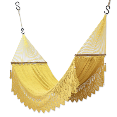 Handcrafted Yellow Cotton Rope Hammock with Fringes (Double)