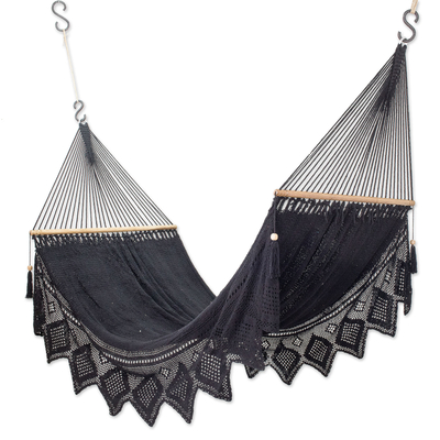 Handcrafted Black Cotton Rope Hammock with Fringes (Double)