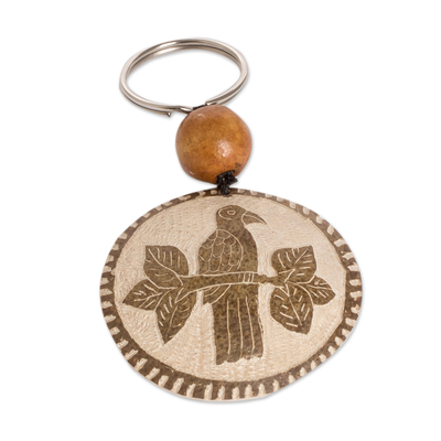Bird Keychain Hand-Carved in Dried Calabash Gourd with Bead