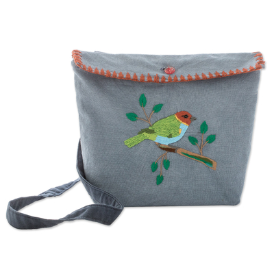 Bird-Themed Embroidered Cotton Sling with Orange Accents