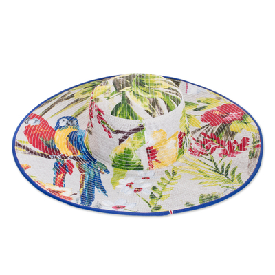 Tropical Cotton Sun Hat with Blue Piping and 4.5-Inch Brim