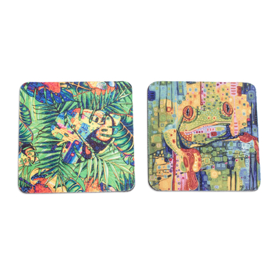 Set of 2 Rubber Coasters with Leafy and Frog Prints