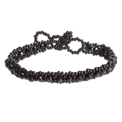 Handcrafted Black Glass and Crystal Beaded Bracelet