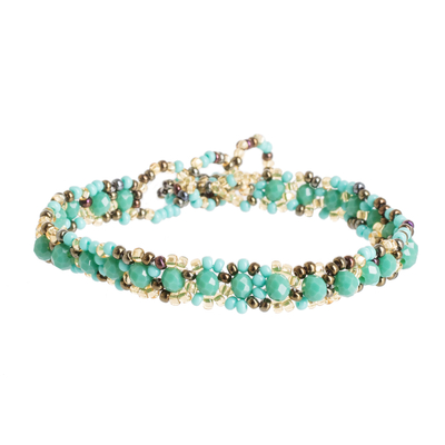 Handmade Green and Golden Glass and Crystal Beaded Bracelet