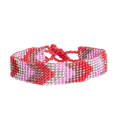 Handcrafted Geometric Pink Glass Beaded Wristband Bracelet