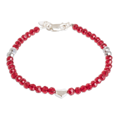Silver Heart Pendant Bracelet with Red Crystal Beads