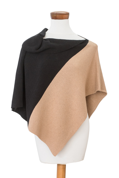 Hand-Loomed Black & Tan Cotton Poncho with Fold-Over Collar