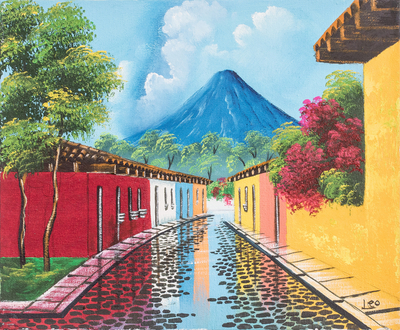 Impressionist Oil Painting of Street & Volcano in Guatemala