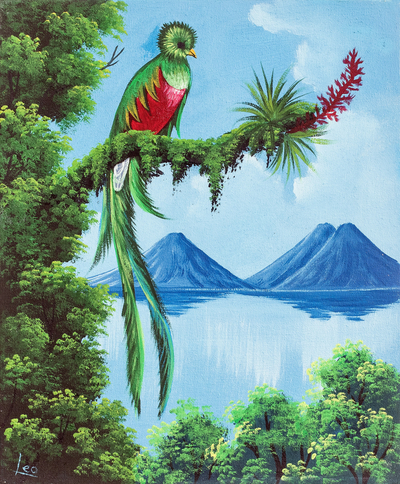 Impressionist Oil Painting of Quetzal Bird with Flower