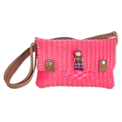 Eco-Friendly Handwoven Sling Bag in Pink with Worry Doll