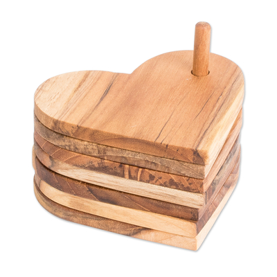 6 Heart-Shaped Teakwood Coasters with Stand from Guatemala
