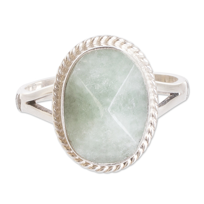 Polished Sterling Silver Cocktail Ring with Green Jade Jewel