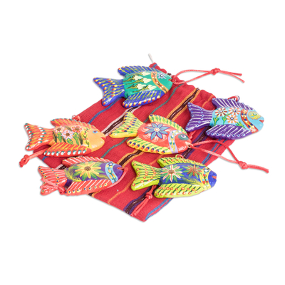 Set of 6 Fish-Themed Hand-Painted Colorful Ceramic Ornaments