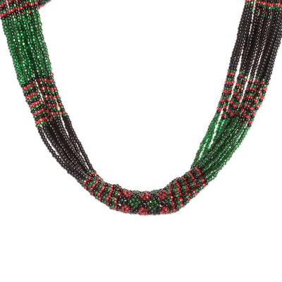 Multi-Strand Beaded Necklace in Green Red and Black
