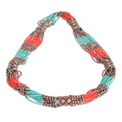 Multi-Strand Beaded Necklace in Aqua Orange and Bronze