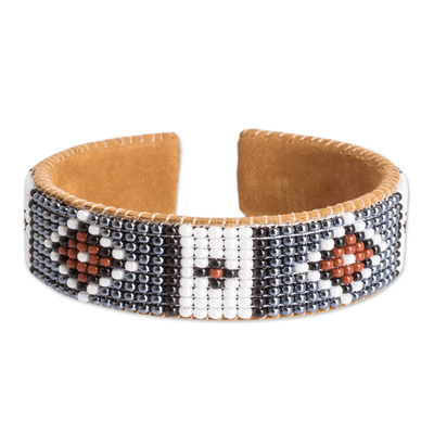 Black and Brown Glass Beaded Cuff Bracelet with Leather