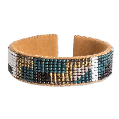 Geometric Glass Beaded Cuff Bracelet with Leather Accents