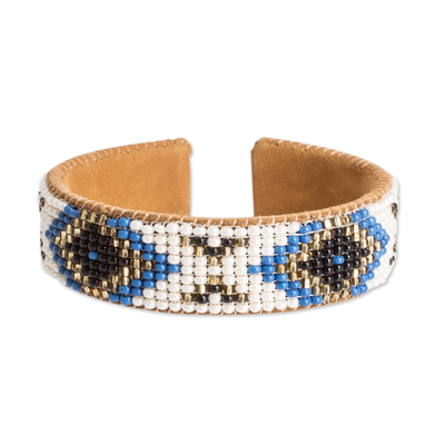 Ivory and Blue Glass Beaded Cuff Bracelet with Leather