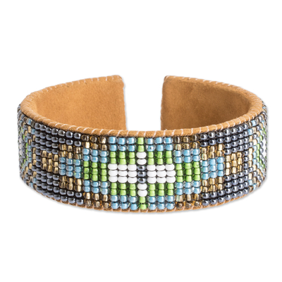 Floral Glass Beaded Cuff Bracelet with Leather Structure