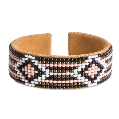 Black and Pink Glass Beaded Cuff Bracelet with Leather