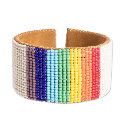 Rainbow Leather-Accented Glass Beaded Cuff Bracelet