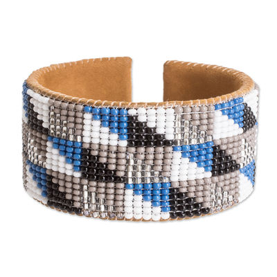 Modern Geometric Leather-Accented Glass Beaded Cuff Bracelet