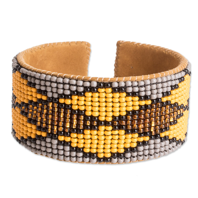Warm Geometric Glass Beaded Cuff Bracelet with Leather