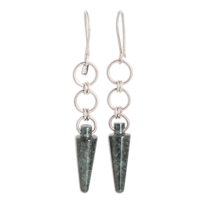 Silver and Green Jade Dangle Earrings with Pendulum & Hoops