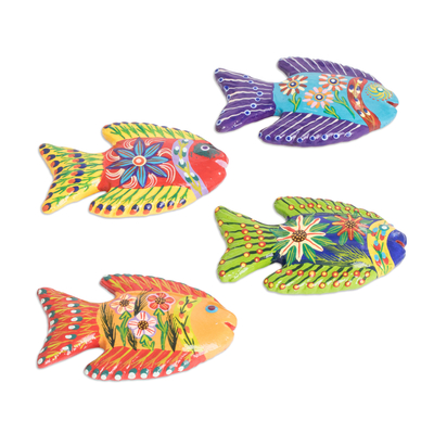 Set of 4 Fish-Themed Hand-Painted Colorful Ceramic Magnets