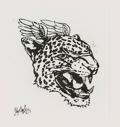 Handcrafted Expressionist Woodcut Print of a Winged Wild Cat
